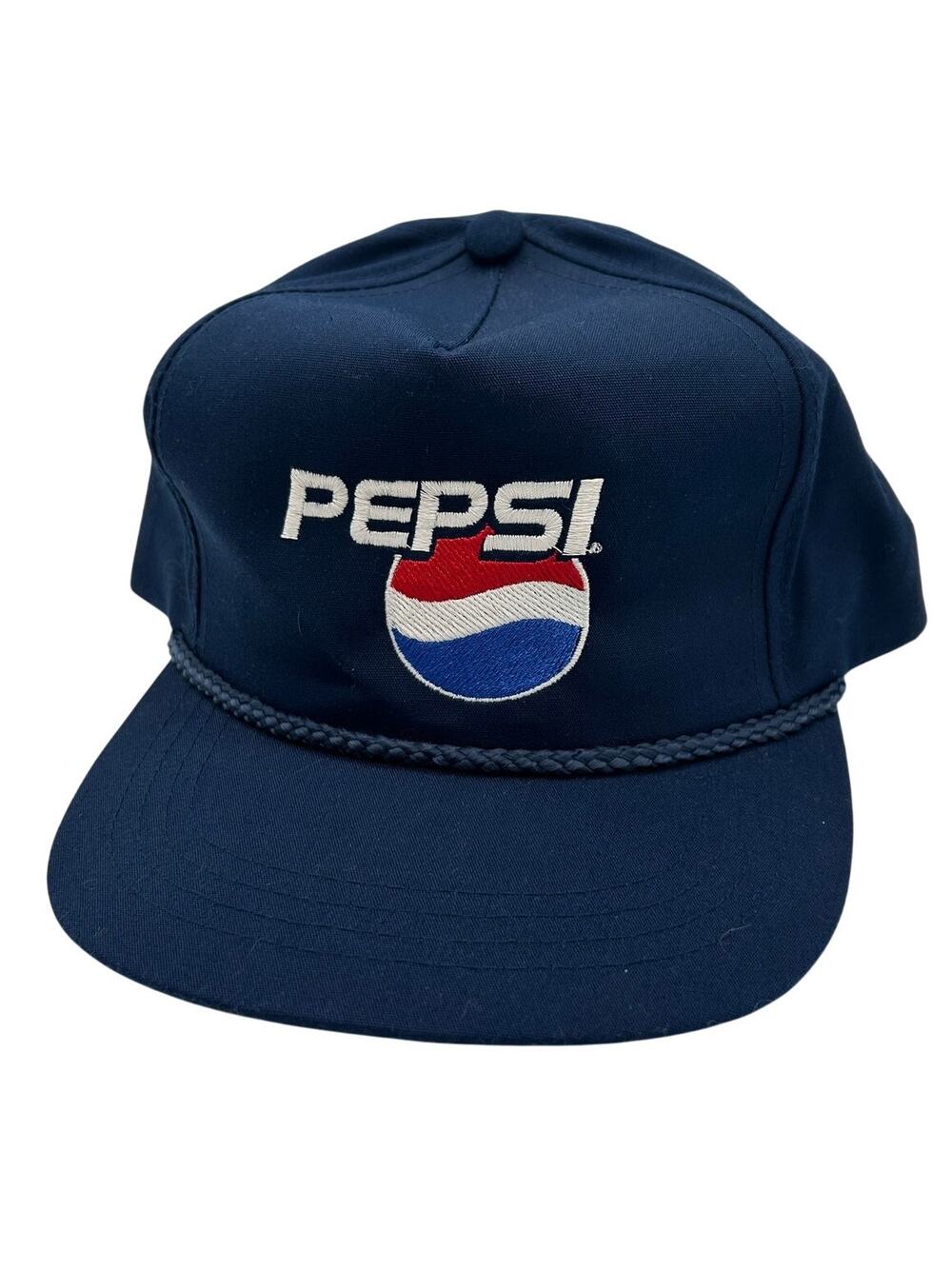 Vintage 90s Pepsi Globe Logo Navy Snapback Hat Yupoong Rope Brim Promo Cap OSFA